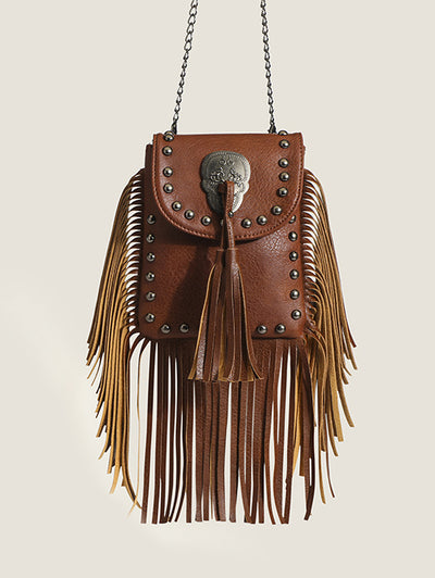 Women's Retro Western Style Metal Chain Fringed Studded Mini Flap Shoulder  Bag In BLACK